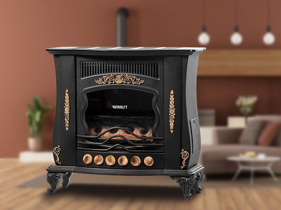 Ernest gas fireplace, product of Amiran Steel factory, photo used on Amiran Steel home appliances website, amiransteel.com